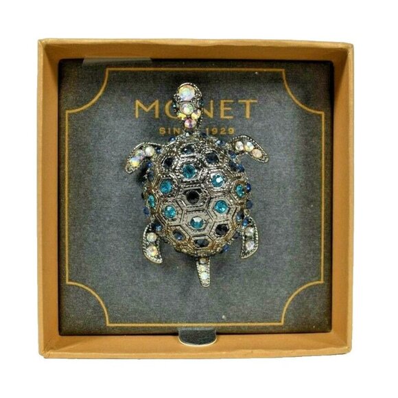 Monet Teal and AB Rhinestone Silver Tone Brooch Pin (New in Box) - Picture 1 of 3